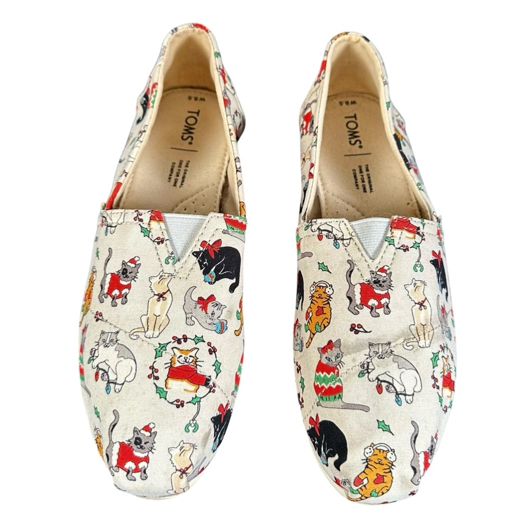 TOMS Christmas Cat Print Slip-On Canvas Flats
